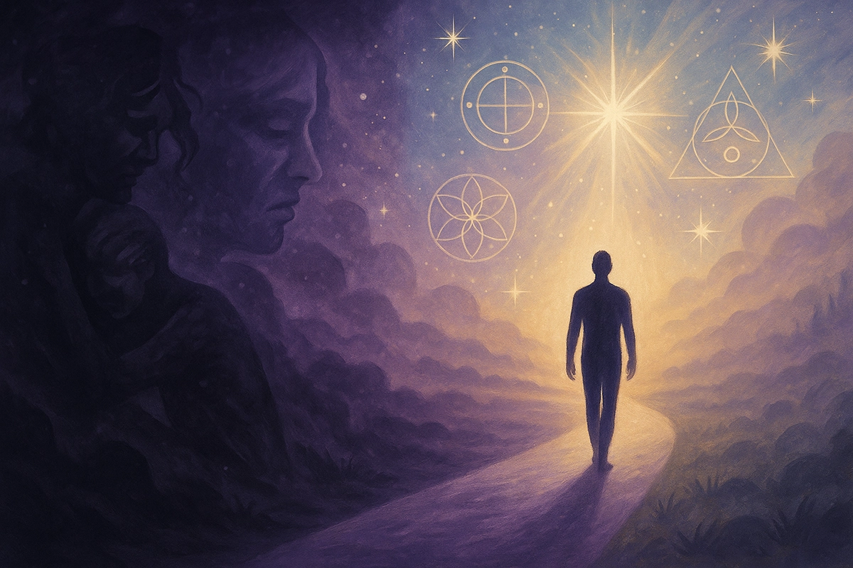 El viaje interior la enfermedad como camino de sanación del alma copia Ilustración digital en estilo semi-realista que representa el camino espiritual de la sanación a través de la enfermedad. En la imagen se observa una figura humana caminando por un sendero de luz entre sombras, con símbolos de energía y sanación rodeándola. El paisaje sugiere un viaje interior, con tonos suaves y atmósfera mística que evocan introspección y conexión con el alma