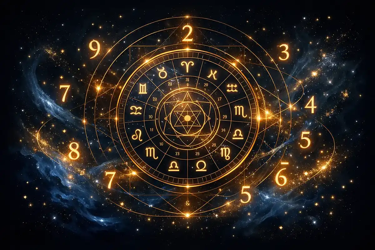 Tus dones también revelan el propósito de tu alma 1 Mapa astral luminoso con números y geometría sagrada representando astrología, numerología y autoconocimiento espiritual.