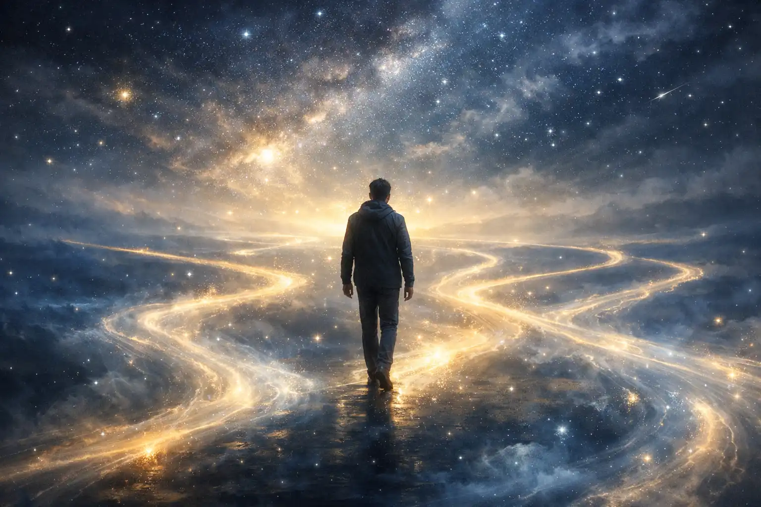 Persona caminando entre caminos luminosos bajo un cielo cósmico simbolizando la búsqueda interior y el propósito de tu alma.
