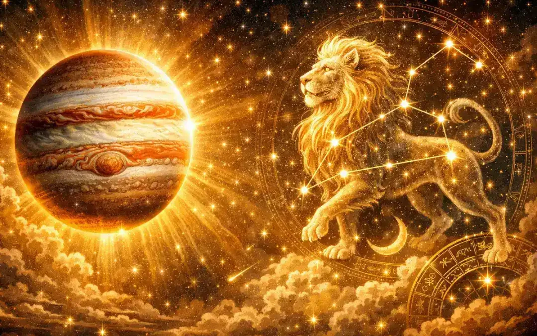 Júpiter en Leo 2026 iluminando la constelación de Leo en un cielo astrológico dorado