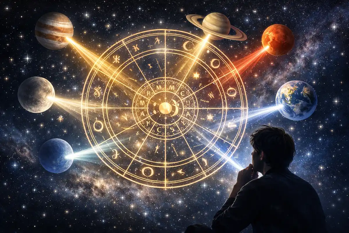 Los grandes movimientos astrológicos de julio de 2026 2 Carta astral iluminada mostrando cómo los movimientos astrológicos activan diferentes áreas de la vida