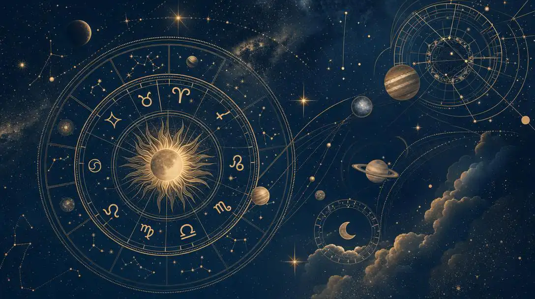Carta astral con símbolos zodiacales y planetas para el autoconocimiento